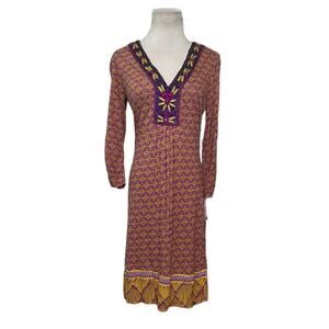 Hale Bob purple yellow print V neck 3/4 sleeves bohemian dress size XS